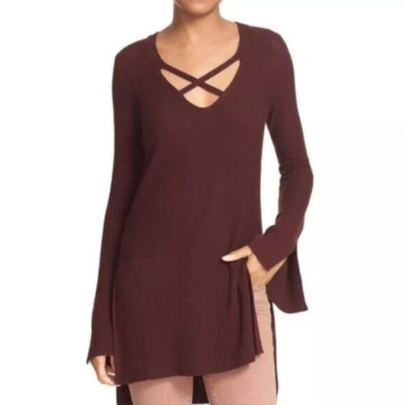 Free People Sweaters - Free People criss cross neck burgundy sweater small